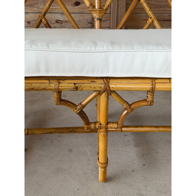 Vintage Rattan Chippendale Fretwork Settee Bench With New Sunbrella Cushion For Sale In Naples, FL - Image 6 of 12