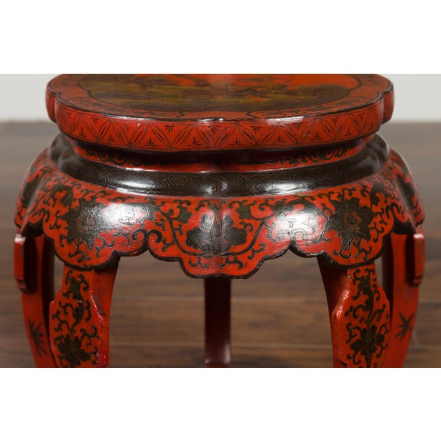 Chinese Ming Dynasty Style 1920s Red and Black Lacquered Drum Stool or Table For Sale - Image 10 of 12