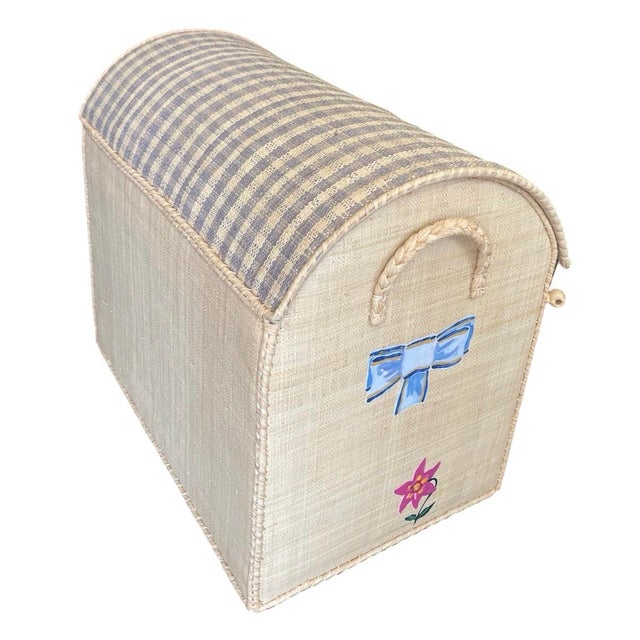 Traditional Whimsical Hand-Painted Raffia Anthropomorphic Cat Motif Toy Box For Sale - Image 3 of 12