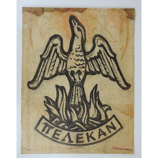 Vintage mid 20th century ink on thin tissue paper study drawing of phoenix for church stained glass. Glued to matboard,...