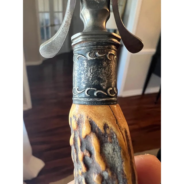 Metal Antique Sterling Silver Mounted Stag Horn Carving Set, Meat Fork and Sharpening Steel For Sale - Image 7 of 15