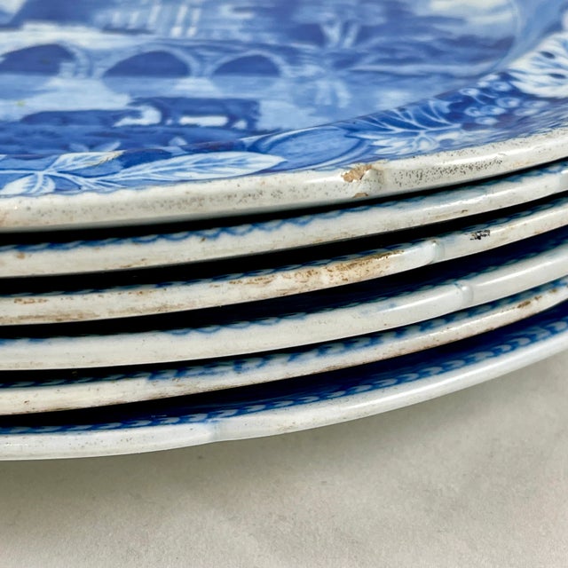 Josiah Spode 'Bridge of Lucano' Blue Transferware Dinner Plates Circa 1820 Set/6 For Sale - Image 9 of 13