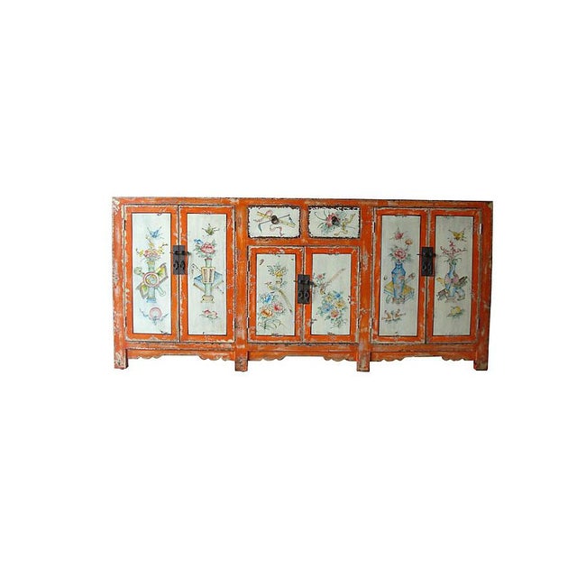 Vintage Mongolian Hand Painted Elm Wood Large Cabinet W/ Six Doors 77" W For Sale - Image 11 of 11