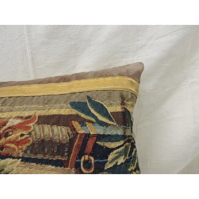 Antique Oversize Blue and Red Depicting Dog Aubusson Tapestry Decorative Pillow Silk velvet frame and antique gold...