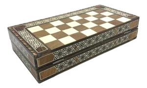 Vintage Moroccan Inlaid Micro Mosaic Chess, Checkers, and Backgammon Traveling Game Board