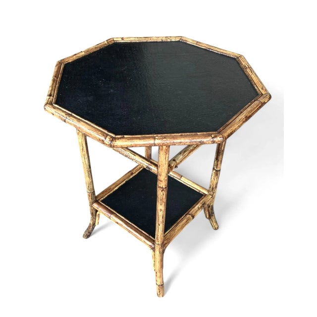 Boho Chic Vintage Coastal Bamboo Octagonal End Table With Black Inset Shelves For Sale - Image 3 of 18