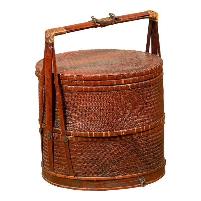 Antique Chinese Rattan and Bamboo Nested Lunch Basket with Carved Handle Chairish