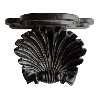 Vintage Italian Baroque Large Clamshell Wall Shelf, Distressed Black For Sale