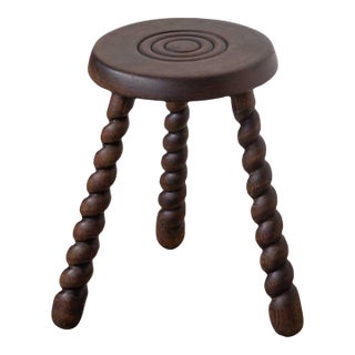 1940s French Twisted Wood Tripod Stool For Sale