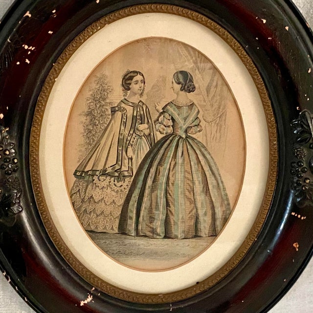 Mid 19th Century Ornate Oval Framed Dress Design Illustrations - A Pair For Sale - Image 5 of 12
