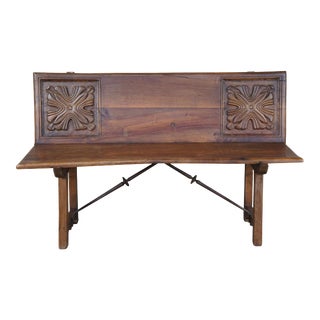 Antique Spanish Renaissance Solid Walnut Carved Foyer Bench Colonial Banquette For Sale