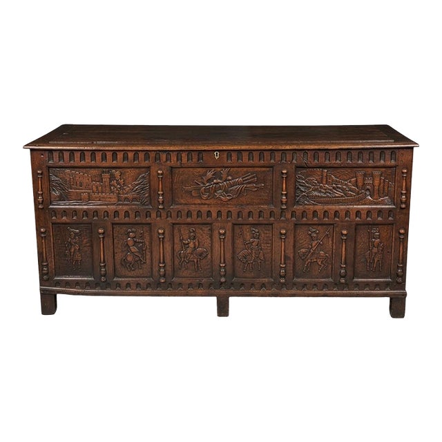 1970s English Carved Oak Coffer With Knight & Castle Motifs For Sale