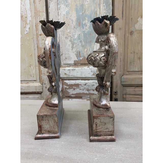 Italian Tuscan Carved Wood Pedestal Candle Holders - a Pair For Sale - Image 4 of 7