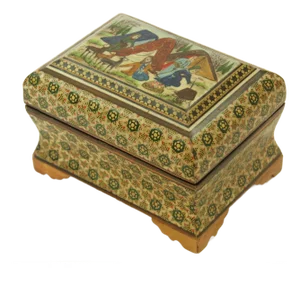 Middle Eastern Persian Khatam Trinket Box With Miniature Art Painting 1950s