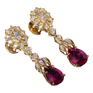 Certified Natural 5.86CTS VS F Diamond Rubellite Tourmaline Dangle Earrings, A Pair For Sale