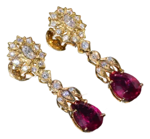 Certified Natural 5.86CTS VS F Diamond Rubellite Tourmaline Dangle Earrings, A Pair