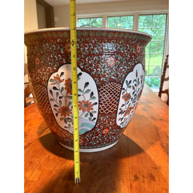 Large Vintage Chinese Porcelain Jardinière / Cachepot / Goldfish Bowl /Carved Hardwood Stand For Sale In Philadelphia - Image 6 of 12
