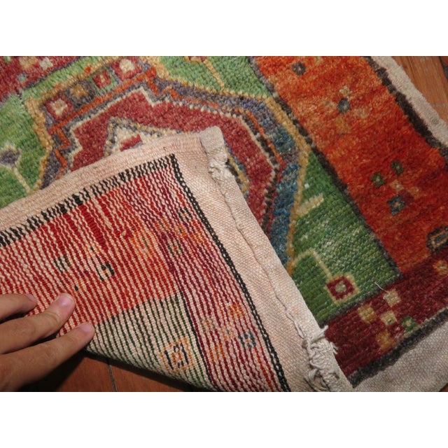 Gustavian (Swedish) Mid-20th Century Zabihi Collection Green Turkish Anatolian Throw Rug - 1'6" x 1'7" For Sale - Image 3 of 4