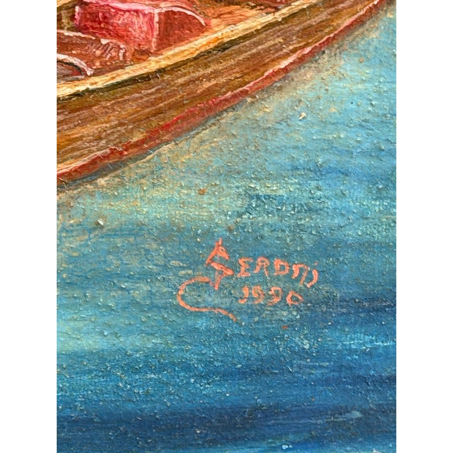 Figurative Vintage 1990 Signed Oil on Canvas European Harbor Town Scene, 18” X 24” For Sale - Image 3 of 3