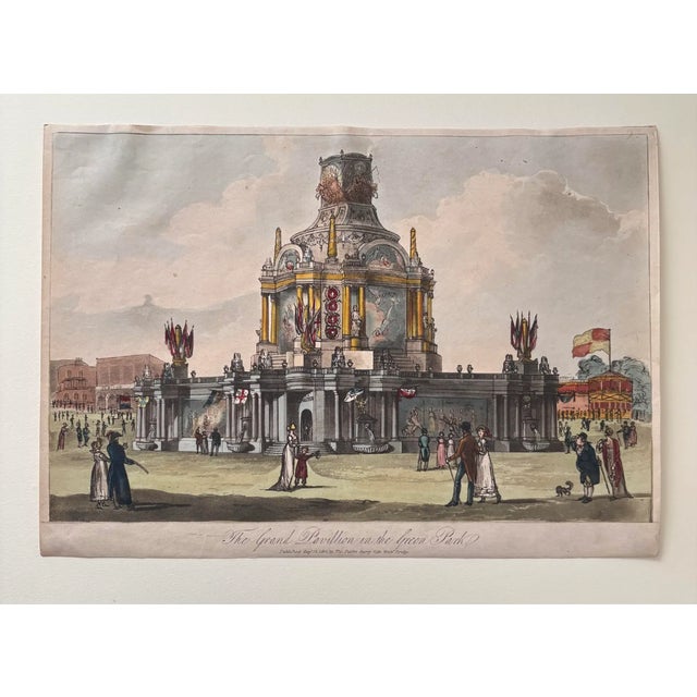 1814 Historical Hand Colored Etching of the Grand Pavilion Erected in Green Park, London.