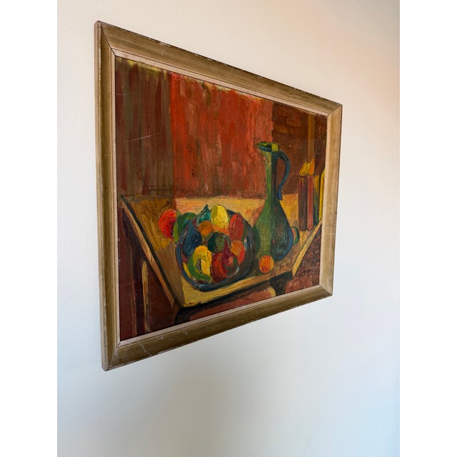 A vibrant 1970s original oil on masonite Painting by Lila Mirsky, featuring a colorful Mid-Century Modern still life...