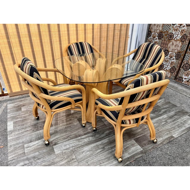 Vintage 5 Pieces Coastal Style Pencil Reed Dining / Game Set in the Gabriella Crespi Manner. Circa 1980s The Table...