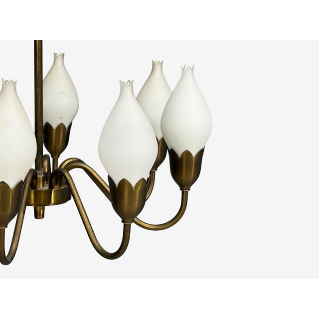 1950s Mid-Century Modern Fog & Mørup, Tulip Chandelier, Opal Glass, Brass For Sale - Image 9 of 12
