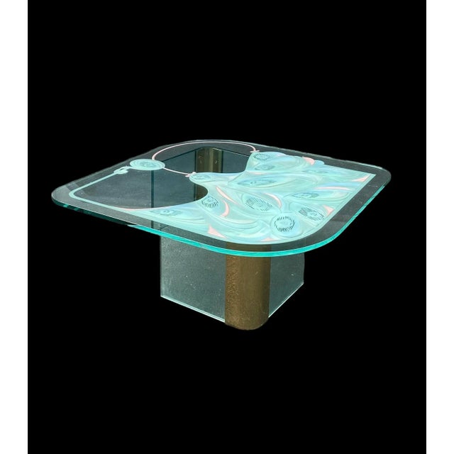 1980's gorgeous custom etched and carved glass coffee table with the classic Pace brass/glass double base. Very creative...