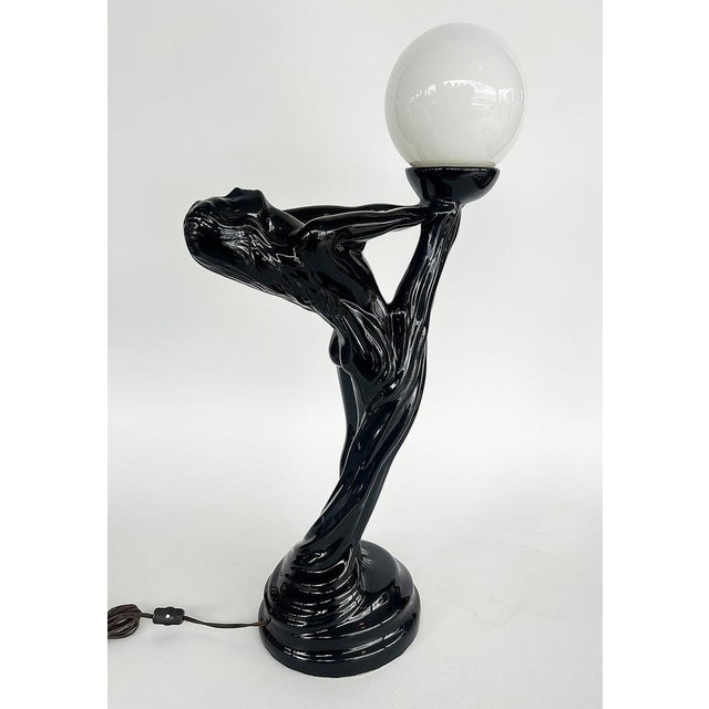 Mid 20th Century Large Art Deco Ceramic Table Lamps, Glass Shades - a Pair For Sale - Image 9 of 13