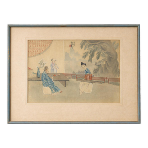 Antique Chinese Silk Painting Scholar Scene Framed W Calligraphy Seal