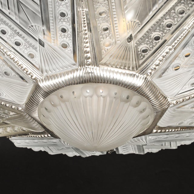 Art Deco Frosted Glass Cubist Geometric Detail & Fluted Chandelier Signed Leleu For Sale - Image 10 of 18