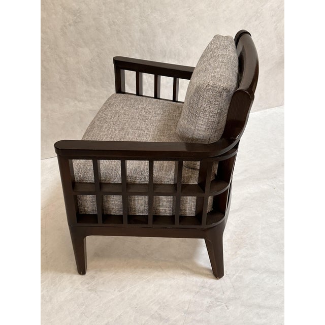 Oak wood Dark satin patina Seat and back cushions covered in gray mottled fabric