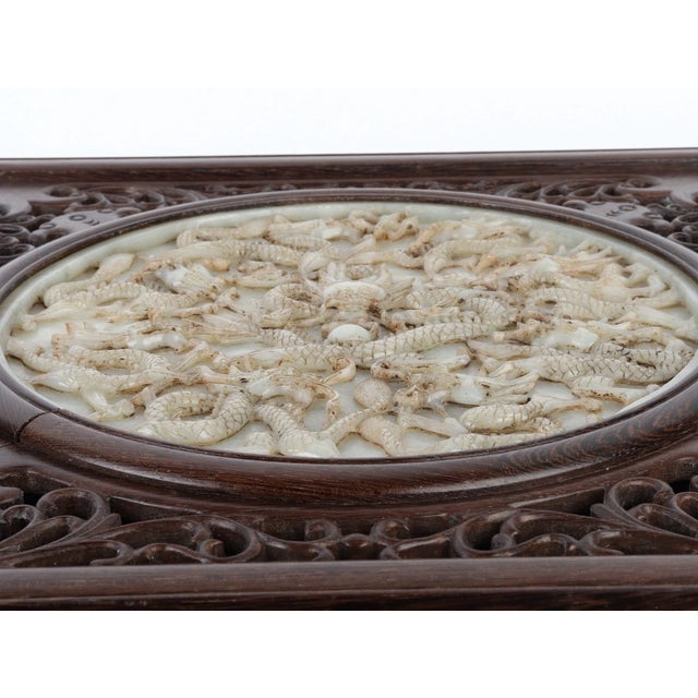 Wood Exquisite Chinese Antique Jade-Inlaid Wood Table Screen - Intricate Carved Dragon Pattern For Sale - Image 7 of 8