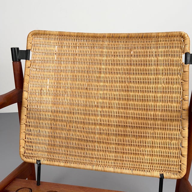 Wood Set of Teak Armchairs with Rattan Backrests & Bouclé Covers by Carl Straub / Goldfeder, Germany 1960s For Sale - Image 7 of 15