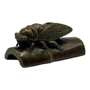 Vintage / Antique Bronze Cicada Sculpture on Bamboo Segment — Naturalist Metalwork