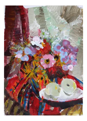 Victor Karnauh, Still Life with Flowers and Apples, Oil on Paper, 1990s