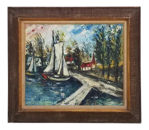 1960s Vintage Rural Bay Oil Impasto Landscape Painting