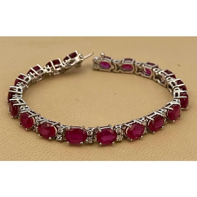 Gemstone 19 Carat Ruby & 1 Carat Diamond Affordable Tennis Bracelet 14 Karat White Gold For Sale - Image 7 of 18