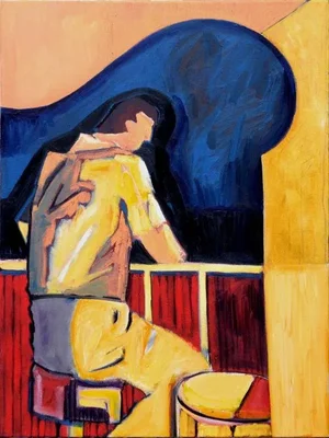 Late 20th Century "Man at Piano Bar" Figurative Abstract Oil Painting