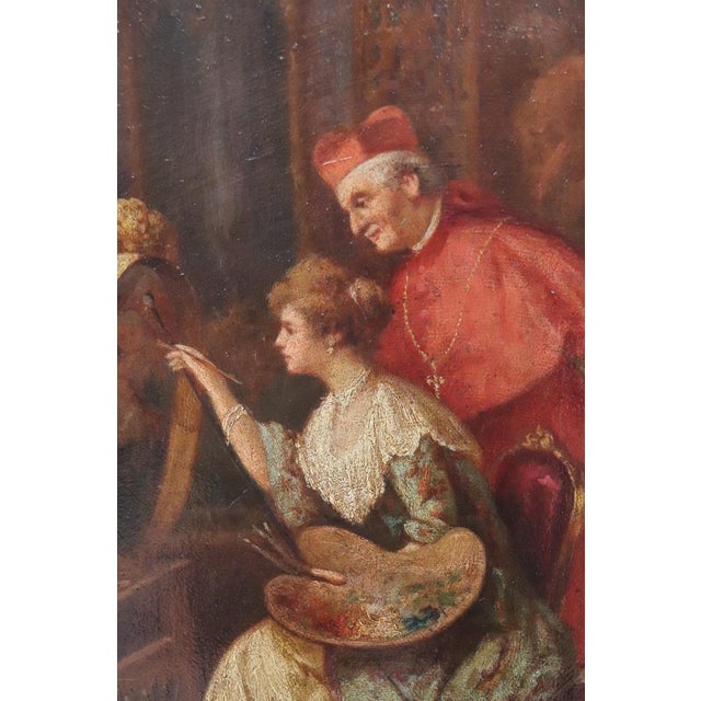 Italian School Artist, Young Woman Painter with Cardinal, Oil Painting on Cardboard, 19th Century, Framed For Sale - Image 6 of 17