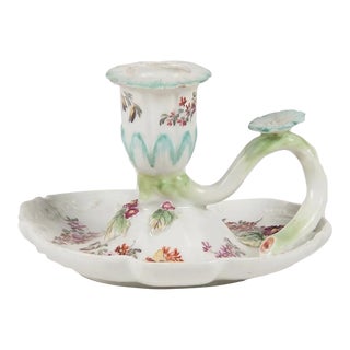 Antique Early Porcelain Floral Candlestick or Chamberstick With Finger Hold Attributed to Derby For Sale