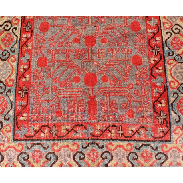 Ntricate Vintage Khotan Rug With Sub-Geometric Design in Reds and Light Blue For Sale In Atlanta - Image 6 of 10