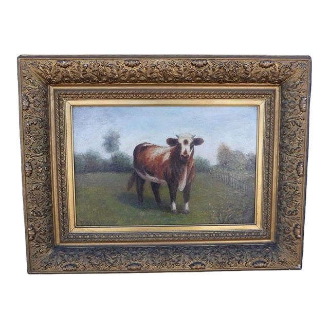 19th Century Victorian Era Guernsey Cow Portrait, Oil on Canvas For Sale