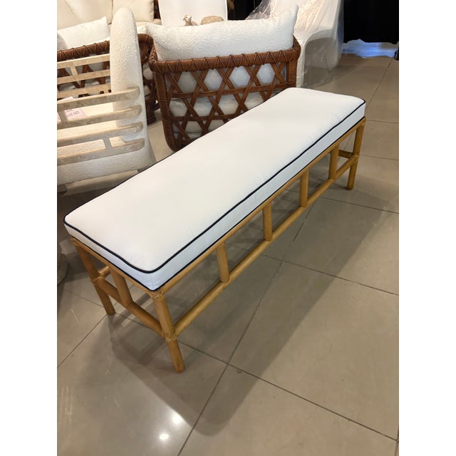 Vintage Palm Beach Rattan Bench Newly Upholstered Navy Blue & White For Sale - Image 4 of 10