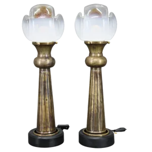 Italian Brass Table Lamps with Glass Shades, 1940s, Set of 2
