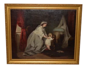 Robert Julius Beyschlag (Germany, 1838-1903) Mother & Child Oil Painting C.1870