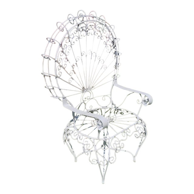 Vintage White Wrought Iron Peacock Armchair For Sale