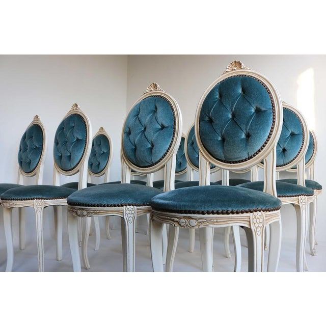 Wooden Chairs in Blue Velvet, Italy, 1960, Set of 12 For Sale - Image 3 of 13