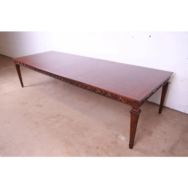 Mediterranean Henredon Italian Provincial Carved Mahogany and Burl Wood Parquetry Top Extension Dining Table For Sale - Image 3 of 13