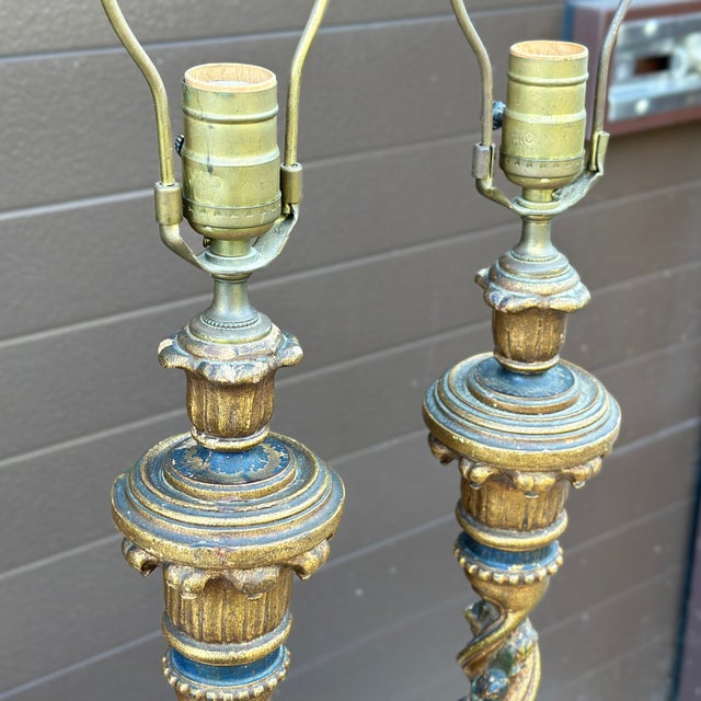 Antique Hand Carved Giltwood Barley Twist Table Lamps - a Pair For Sale In Philadelphia - Image 6 of 12